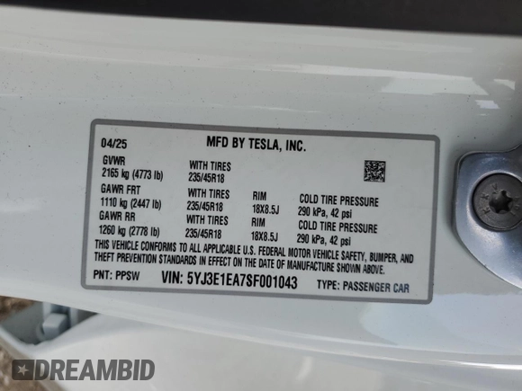 2025 Tesla Model 3 Long Range с VIN 5YJ3E1EA7SF001043, выставлен на аукционе Copart как лот 57250565 с пробегом 456 миль миль и Списание • Salvage title. История ставок и продаж доступна на DreamBid. Изображение 12.