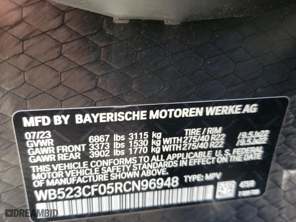 2024 BMW iX xDrive50 with VIN WB523CF05RCN96948, listed as a Copart auction lot 50858304 with 8,923 mi miles and Salvage Title. Bid and sale history available at carsss.com. Image 13.