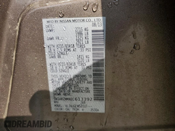 2014 Nissan Pathfinder Platinum with VIN 5N1AR2MMXEC613392, listed as a Copart auction lot 57234955 with 231,830 mi miles and Salvage title. Bid and sale history available at DreamBid. Image 12.