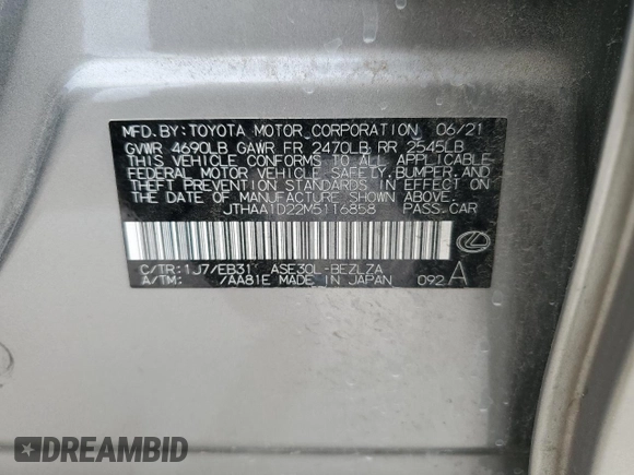 2021 Lexus IS 300 with VIN JTHAA1D22M5116858, listed as a Copart auction lot 50206175 with 62,710 mi miles and Clean title. Bid and sale history available at DreamBid. Image 12.