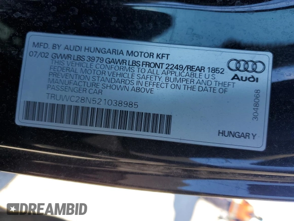 2002 Audi TT with VIN TRUWC28N521038985, listed as a Copart auction lot 82837794 with 209,776 mi miles and Salvage Title. Bid and sale history available at carsss.com. Image 12.