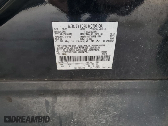 2017 Ford Explorer с VIN 1FM5K7BH9HGC32784, выставлен на аукционе Copart как лот 53064165 с пробегом 167 936 миль миль и Списание • Salvage title. История ставок и продаж доступна на DreamBid. Изображение 13.
