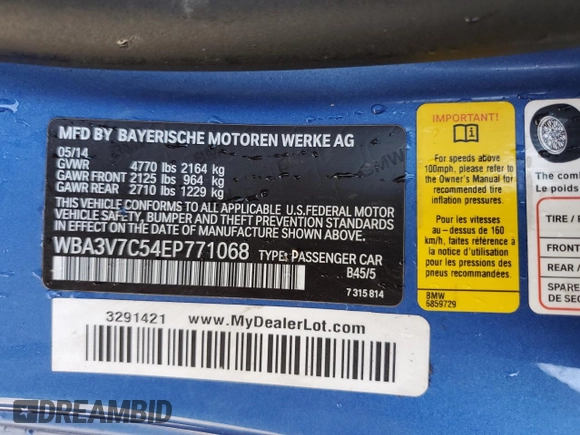 2014 BMW 4 Series 428i with VIN WBA3V7C54EP771068, listed as a Copart auction lot 61485295 with 142,300 mi miles and Salvage title. Bid and sale history available at DreamBid. Image 13.