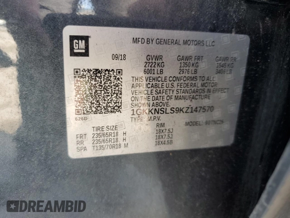 2019 GMC Acadia SLE with VIN 1GKKNSLS9KZ147570, listed as a Copart auction lot 76982144 with 72,089 mi miles and Salvage Title. Bid and sale history available at DreamBid. Image 14.