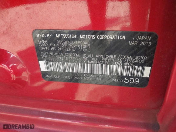 2016 Mitsubishi Lancer ES with VIN JA32U2FU6GU011198, listed as a IAAI auction lot 41932443 with 122,991 mi miles. Bid and sale history available at carsss.com. Image 9.