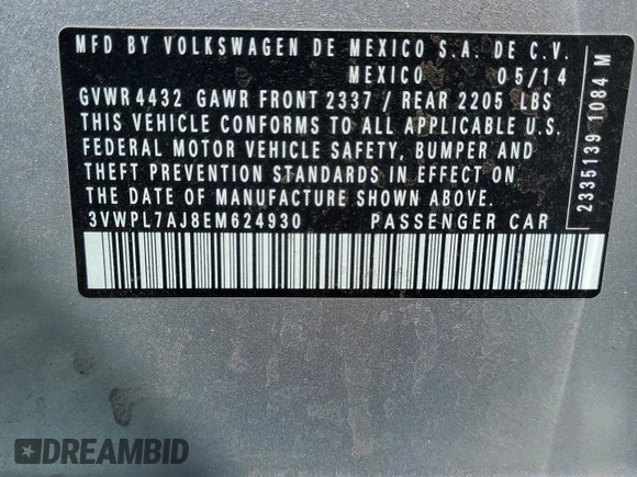 2014 Volkswagen Jetta TDI with VIN 3VWPL7AJ8EM624930, listed as a Copart auction lot 60873205 with Not provided miles and Salvage title. Bid and sale history available at DreamBid. Image 12.