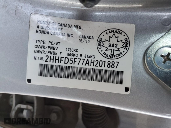2010 Acura CSX Technology z VIN 2HHFD5F77AH201887, wystawiony jako Copart lot #77610604 z przebiegiem 94 442 mil mil oraz Szkoda całkowita • Salvage title. Historia ofert i sprzedaży dostępna na DreamBid. Obrazek 12.
