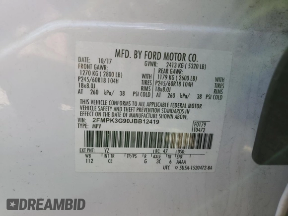 2018 Ford Edge SE с VIN 2FMPK3G90JBB12419, выставлен на аукционе Copart как лот 47110735 с пробегом 93 582 миль миль и На запчасти • Non repairable. История ставок и продаж доступна на DreamBid. Изображение 16.