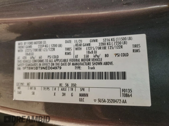 2022 Ford F-350 XL z VIN 1FT8W3BT9NED04979, wystawiony jako Copart lot #87302914 z przebiegiem 92 157 mil mil oraz Szkoda całkowita • Salvage title. Historia ofert i sprzedaży dostępna na DreamBid. Obrazek 13.