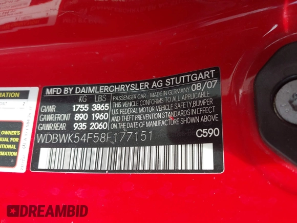2008 Mercedes-Benz SLK-Class 3.0L with VIN WDBWK54F58F177151, listed as a IAAI auction lot 41516954 with 201,431 mi miles. Bid and sale history available at carsss.com. Image 9.