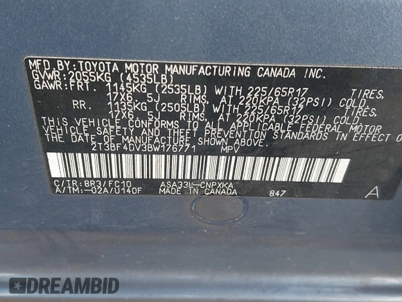 2011 Toyota RAV4 with VIN 2T3BF4DV3BW176771, listed as a IAAI auction lot 41569899 with 123,666 mi miles. Bid and sale history available at carsss.com. Image 9.