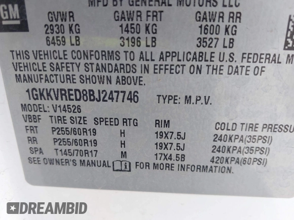 2011 GMC Acadia SLT1 with VIN 1GKKVRED8BJ247746, listed as a IAAI auction lot 42608736 with 188,696 mi miles and . Bid and sale history available at DreamBid. Image 9.