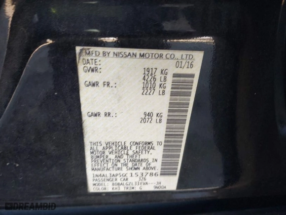 2016 Nissan Altima 2.5 SR with VIN 1N4AL3AP5GC153786, listed as a IAAI auction lot 41690788 with 155,634 mi miles. Bid and sale history available at carsss.com. Image 9.