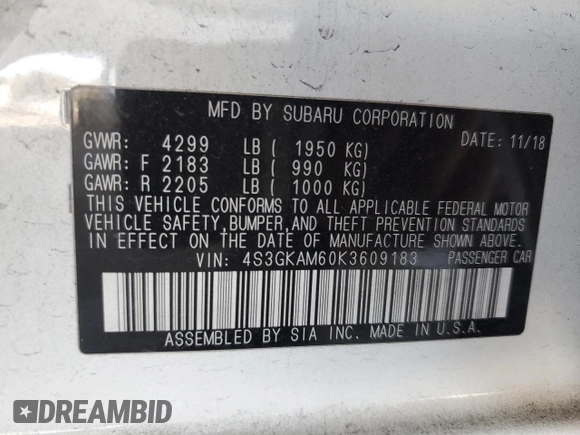 2019 Subaru Impreza Special Sports with VIN 4S3GKAM60K3609183, listed as a Copart auction lot 65470445 with 43,190 mi miles and Salvage title. Bid and sale history available at DreamBid. Image 13.
