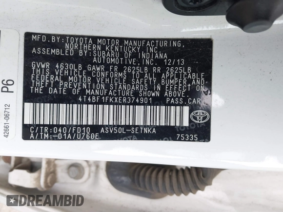 2014 Toyota Camry L with VIN 4T4BF1FKXER374901, listed as a IAAI auction lot 41861839 with 130,990 mi miles and . Bid and sale history available at DreamBid. Image 9.
