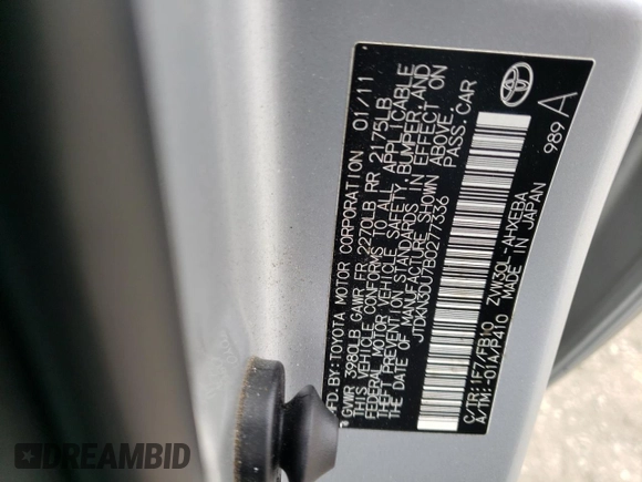 2011 Toyota Prius I with VIN JTDKN3DU7B0277336, listed as a Copart auction lot 55989835 with 155,307 mi miles and Clean Title. Bid and sale history available at DreamBid. Image 12.