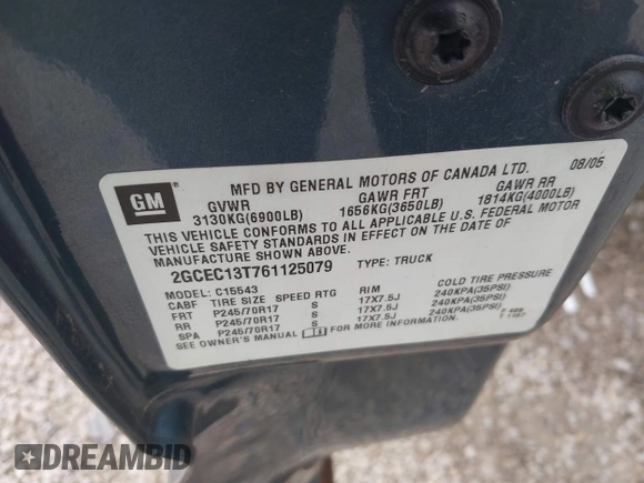 2006 Chevrolet Silverado 1500 LT1 with VIN 2GCEC13T761125079, listed as a IAAI auction lot 42122779 with 237,534 mi miles and . Bid and sale history available at DreamBid. Image 9.