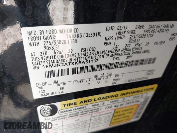 2019 Ford Expedition Max Limited с VIN 1FMJK2ATXKEA51137, выставлен на аукционе IAAI как лот 42240744 с пробегом 119 565 миль миль и . История ставок и продаж доступна на DreamBid. Изображение 9.