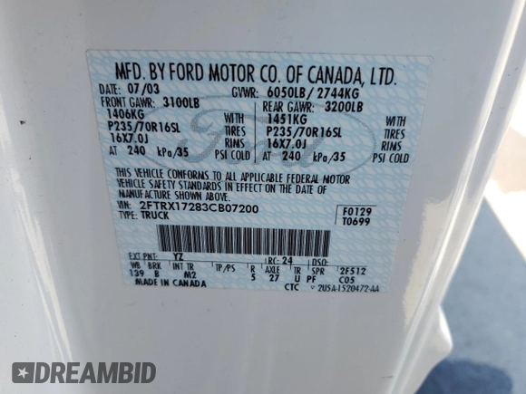 2003 Ford F-150 XL with VIN 2FTRX17283CB07200, listed as a Copart auction lot 53805625 with 85,805 mi miles and Salvage Title. Bid and sale history available at carsss.com. Image 12.
