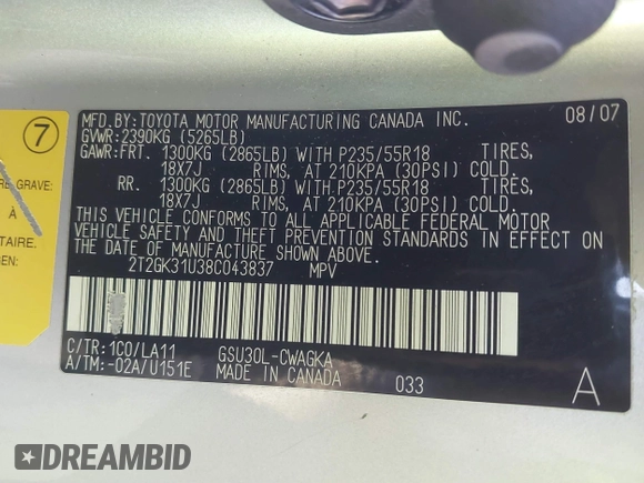 2008 Lexus RX 350 with VIN 2T2GK31U38C043837, listed as a IAAI auction lot 41599633 with 188,769 mi miles and . Bid and sale history available at DreamBid. Image 9.
