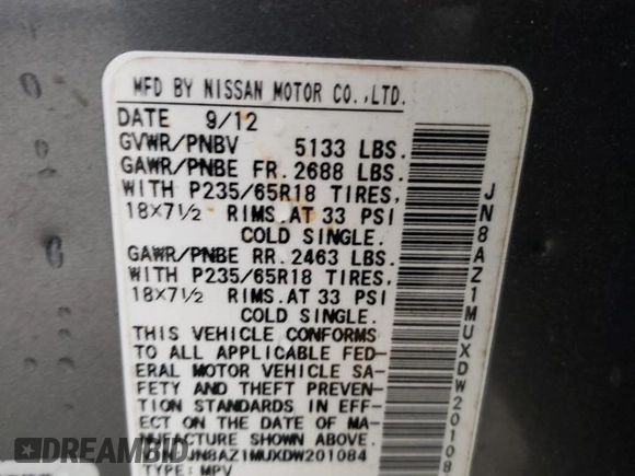 2013 Nissan Murano S with VIN JN8AZ1MUXDW201084, listed as a Copart auction lot 42622385 with 164,590 mi miles and Salvage Title. Bid and sale history available at carsss.com. Image 13.