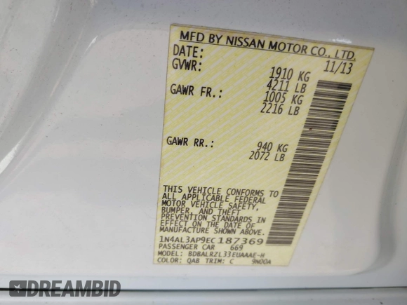 2014 Nissan Altima S with VIN 1N4AL3AP9EC187369, listed as a IAAI auction lot 42101760 with 173,899 mi miles and . Bid and sale history available at DreamBid. Image 9.