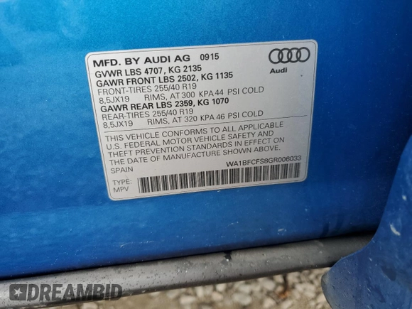 2016 Audi Q3 Premium Plus with VIN WA1BFCFS8GR006033, listed as a Copart auction lot 51348905 with 65,666 mi miles and Salvage Title. Bid and sale history available at carsss.com. Image 13.