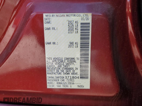 2016 Nissan Altima S z VIN 1N4AL3AP2GN371804, wystawiony jako Copart lot #54900055 z przebiegiem 173 820 mil mil oraz Nie do naprawy • Non repairable. Historia ofert i sprzedaży dostępna na DreamBid. Obrazek 14.