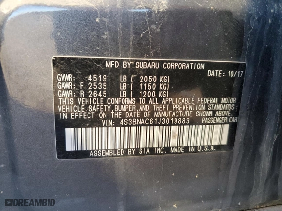 2018 Subaru Legacy Premium with VIN 4S3BNAC61J3019883, listed as a Copart auction lot 42775675 with 0 mi miles and Salvage Title. Bid and sale history available at carsss.com. Image 12.