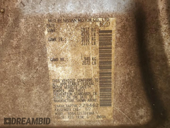 2017 Nissan Altima SV z VIN 1N4AL3AP7HC229462, wystawiony jako Copart lot #63472285 z przebiegiem Nie podano mil oraz Szkoda całkowita • Salvage title. Historia ofert i sprzedaży dostępna na DreamBid. Obrazek 12.