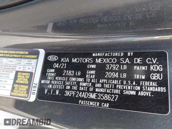 2021 Kia Forte LXS with VIN 3KPF24AD9ME358627, listed as a IAAI auction lot 42106430 with 56,589 mi miles and . Bid and sale history available at DreamBid. Image 9.