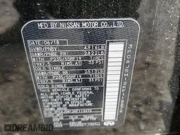 2019 Infiniti QX50 LUXE with VIN 3PCAJ5M12KF112272, listed as a Copart auction lot 49774145 with 83,994 mi miles and Salvage Title. Bid and sale history available at carsss.com. Image 13.