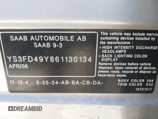 2006 Saab 9-3 with VIN YS3FD49Y861130134, listed as a IAAI auction lot 41983718 with 144,024 mi miles. Bid and sale history available at carsss.com. Image 9.