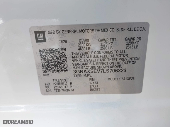 2020 Chevrolet Equinox LS with VIN 3GNAXSEV7LS706323, listed as a IAAI auction lot 41543070 with 1,809 mi miles. Bid and sale history available at carsss.com. Image 9.