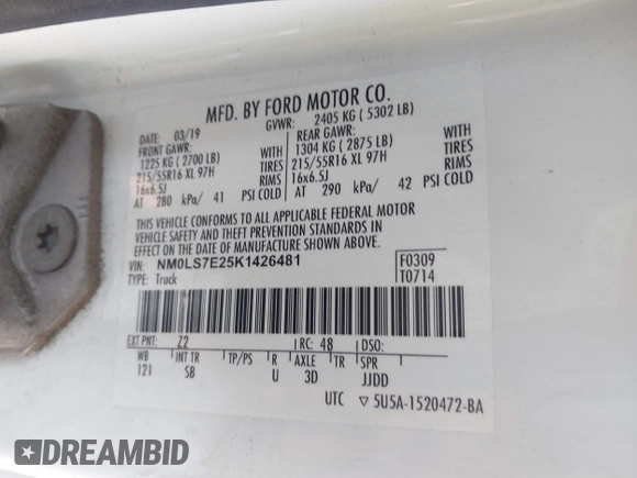 2019 Ford Transit Connect XL z VIN NM0LS7E25K1426481, wystawiony jako IAAI lot #42408611 z przebiegiem 153 504 mil mil oraz . Historia ofert i sprzedaży dostępna na DreamBid. Obrazek 9.