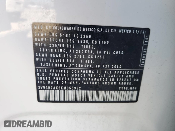 2019 Volkswagen Tiguan SE with VIN 3VV3B7AX3KM055992, listed as a Copart auction lot 49859975 with 74,647 mi miles and Salvage Title. Bid and sale history available at DreamBid. Image 14.