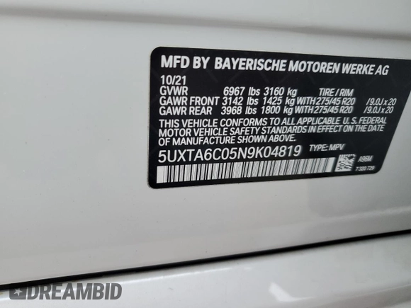 2022 BMW X5 xDrive45e with VIN 5UXTA6C05N9K04819, listed as a Copart auction lot 64915072 with 0 mi miles. Bid and sale history available at carsss.com. Image 10.