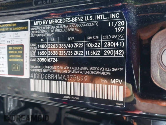 2021 Mercedes-Benz GLE 53 AMG with VIN 4JGFD6BB4MA375899, listed as a IAAI auction lot 42193449 with 27,154 mi miles and . Bid and sale history available at DreamBid. Image 9.