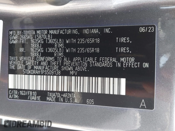 2023 Toyota Highlander L with VIN 5TDKDRAH1PS509138, listed as a IAAI auction lot 42706419 with 59,442 mi miles and . Bid and sale history available at DreamBid. Image 9.