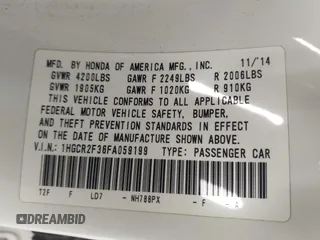 2015 Honda Accord Sedan LX with VIN 1HGCR2F36FA059199, listed as a IAAI auction lot 42097205 with 100,505 mi miles. Bid and sale history available at carsss.com. Image 9.