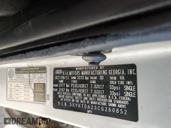 2012 Kia Sorento LX with VIN 5XYKTDA23CG260852, listed as a Copart auction lot 42505735 with 205,353 mi miles and Salvage Title. Bid and sale history available at carsss.com. Image 13.