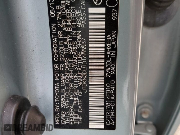 2013 Toyota Prius One with VIN JTDKN3DU1D1685537, listed as a Copart auction lot 50068485 with 141,759 mi miles and Non Repairable. Bid and sale history available at carsss.com. Image 13.