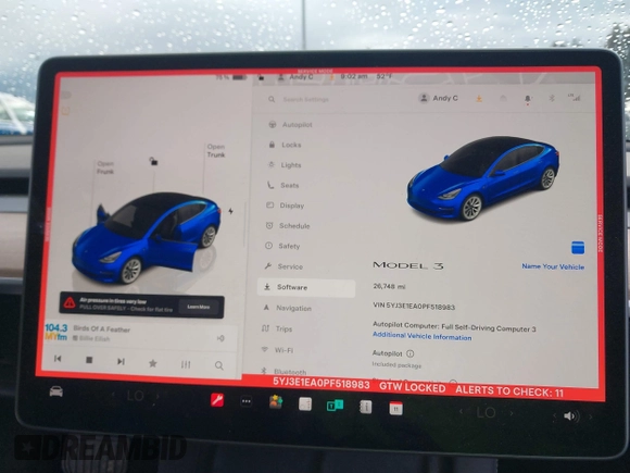 2023 Tesla Model 3 with VIN 5YJ3E1EA0PF518983, listed as a IAAI auction lot 41749225 with 26,748 mi miles and . Bid and sale history available at DreamBid. Image 7.