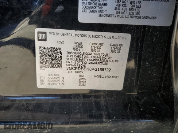 2023 Chevrolet Silverado 1500 Custom with VIN 3GCPDBEK0PG168722, listed as a Copart auction lot 48899655 with 80,007 mi miles and Salvage Title. Bid and sale history available at DreamBid. Image 12.