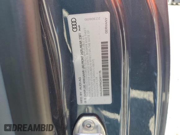 2016 Audi A5 Premium with VIN WAUD2AFR4GA001175, listed as a Copart auction lot 53177655 with 76,380 mi miles and Salvage title. Bid and sale history available at DreamBid. Image 12.