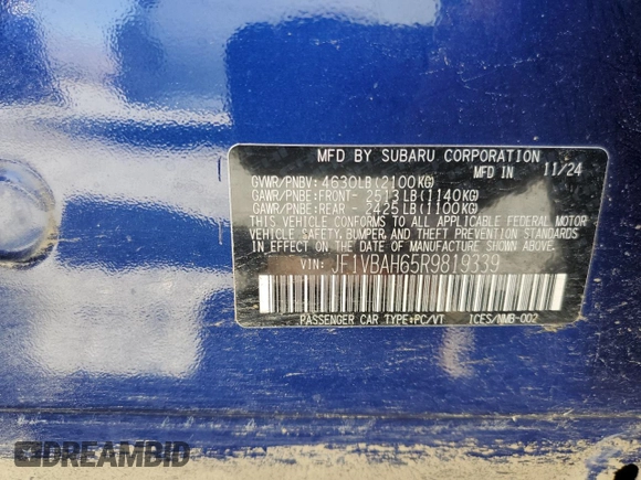 2024 Subaru WRX Premium with VIN JF1VBAH65R9819339, listed as a Copart auction lot 52388035 with 495 mi miles and Salvage title. Bid and sale history available at DreamBid. Image 12.
