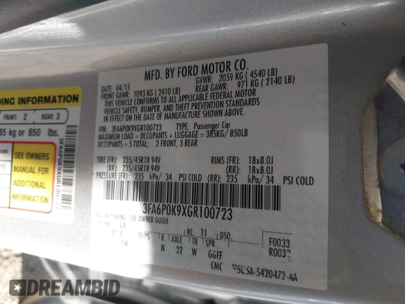 2016 Ford Fusion Titanium with VIN 3FA6P0K9XGR100723, listed as a IAAI auction lot 40627172 with 1 mi miles. Bid and sale history available at carsss.com. Image 9.