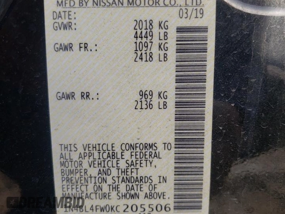 2019 Nissan Altima 2.5 Platinum with VIN 1N4BL4FW0KC205506, listed as a Copart auction lot 44940555 with 64,038 mi miles and Salvage Title. Bid and sale history available at carsss.com. Image 13.