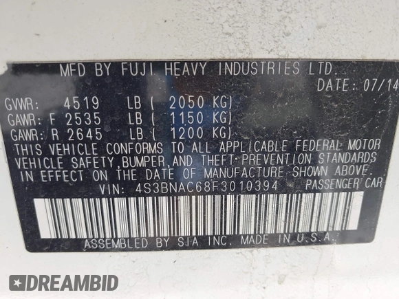 2015 Subaru Legacy Premium with VIN 4S3BNAC68F3010394, listed as a IAAI auction lot 41962654 with 169,872 mi miles and . Bid and sale history available at DreamBid. Image 9.