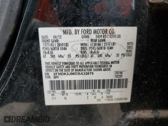 2013 Ford Edge SEL with VIN 2FMDK3J96DBA32879, listed as a Copart auction lot 52179735 with 236,359 mi miles and Salvage Title. Bid and sale history available at carsss.com. Image 13.